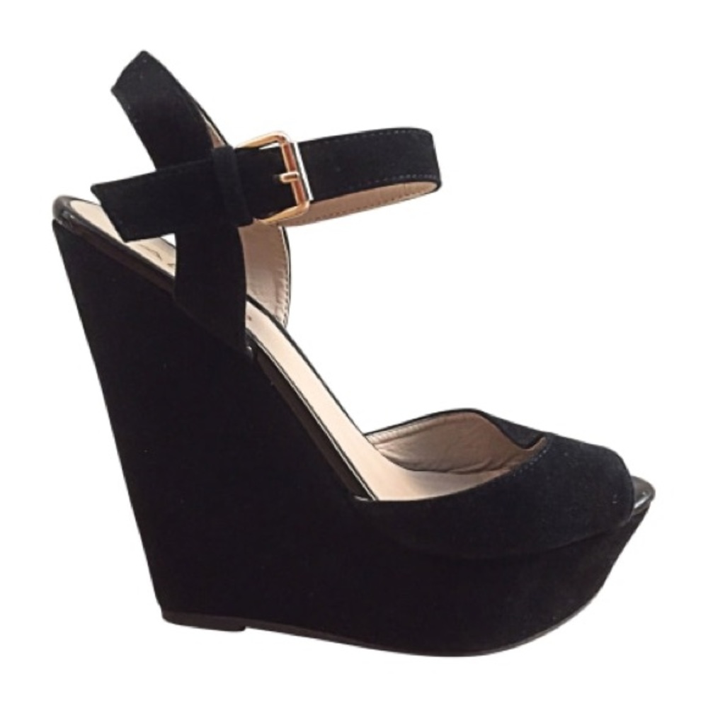 ALDO Cybil Black Suede Open Toe Platform Wedges